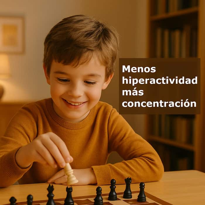 niño jugando ajedrez concentrado y feliz